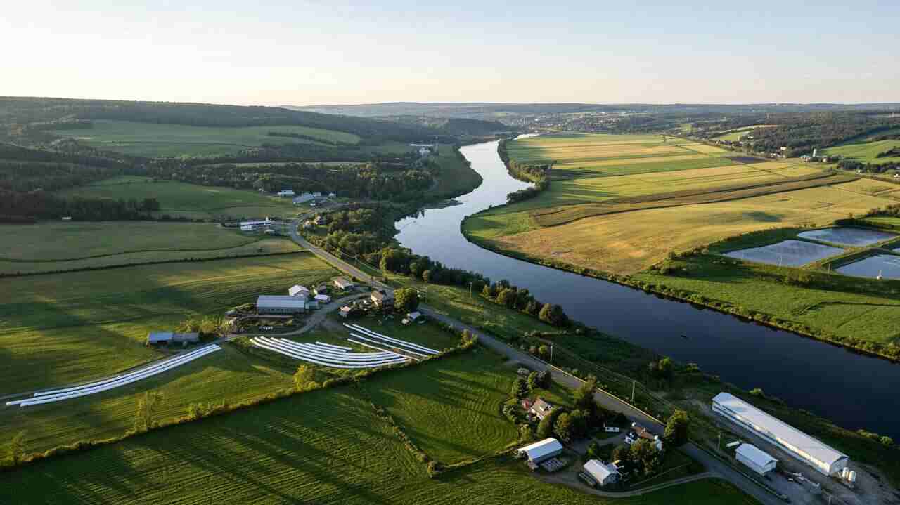 Aerial view of a Canadian rural landscape with green fields, farms, and a winding river under a clear sky.
