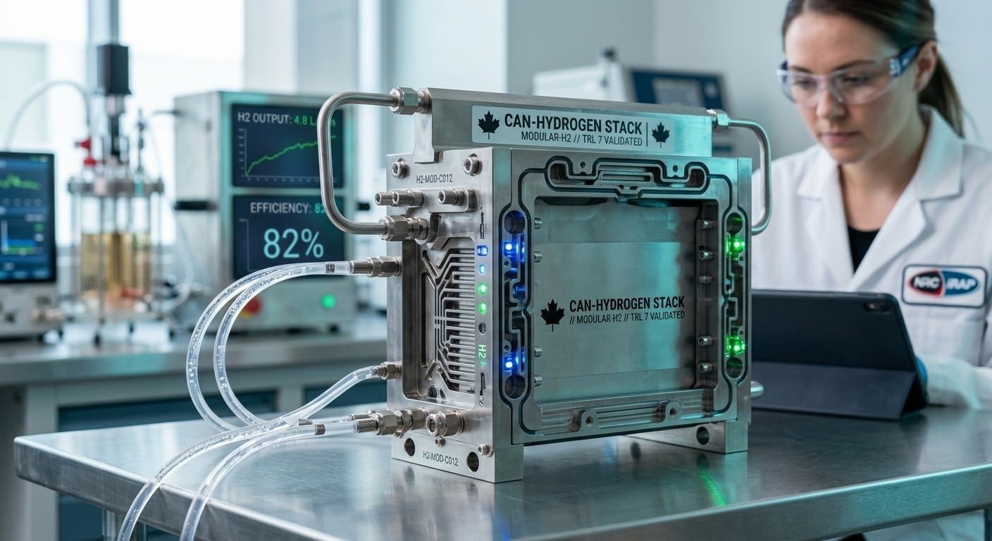 Advanced modular hydrogen fuel cell stack hardware representing innovations in the Canadian clean technology sector during testing.